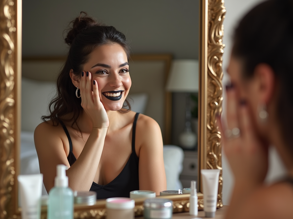 Joyful woman applying makeup, reflected in an ornate mirror, surrounded by beauty products.