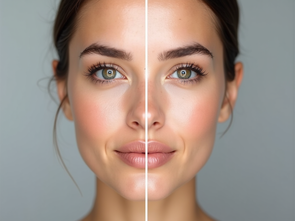 Close-up of a woman's face, split in half to show makeup on one side and no makeup on the other.