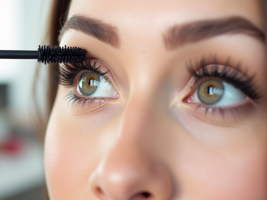 Close-up of a woman applying mascara to her long eyelashes, focusing on her hazel eyes.