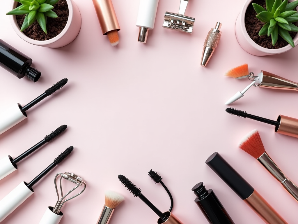 Assorted beauty products and makeup brushes arranged on a pink background with potted plants.