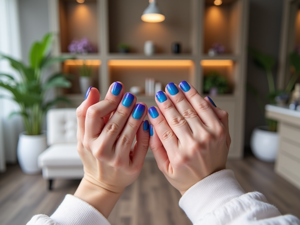 Hands showing blue polished nails in a cozy room with a stylish décor.