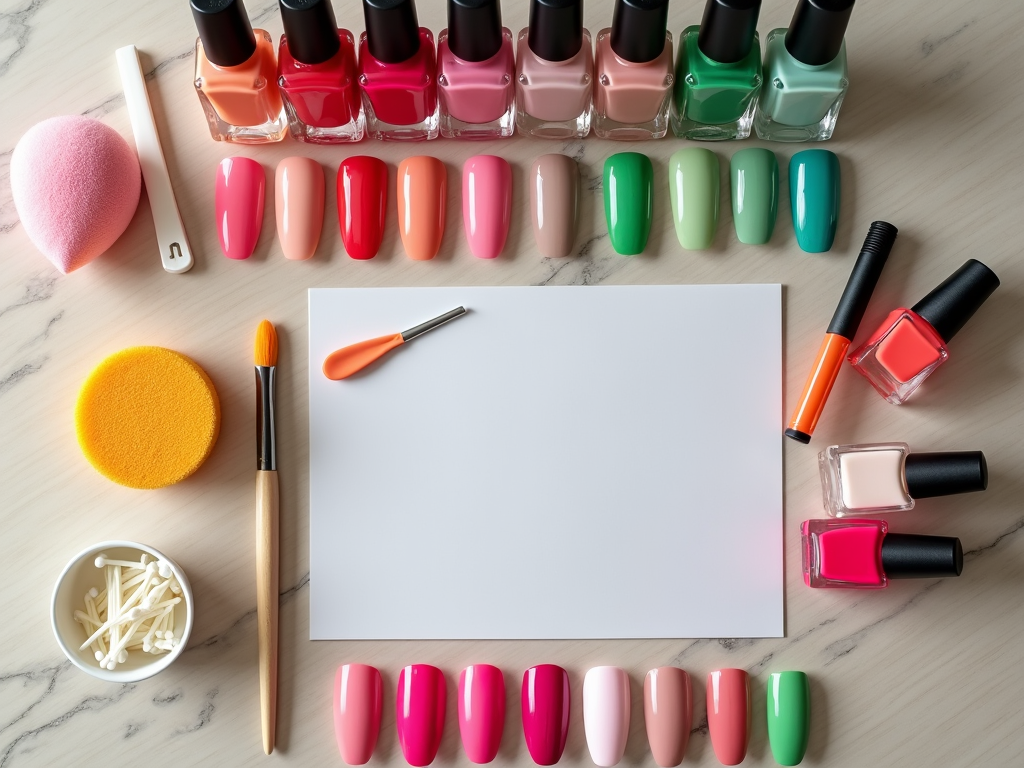 Colorful nail polish bottles with swatches, brushes, and a blank white paper on a marble surface.